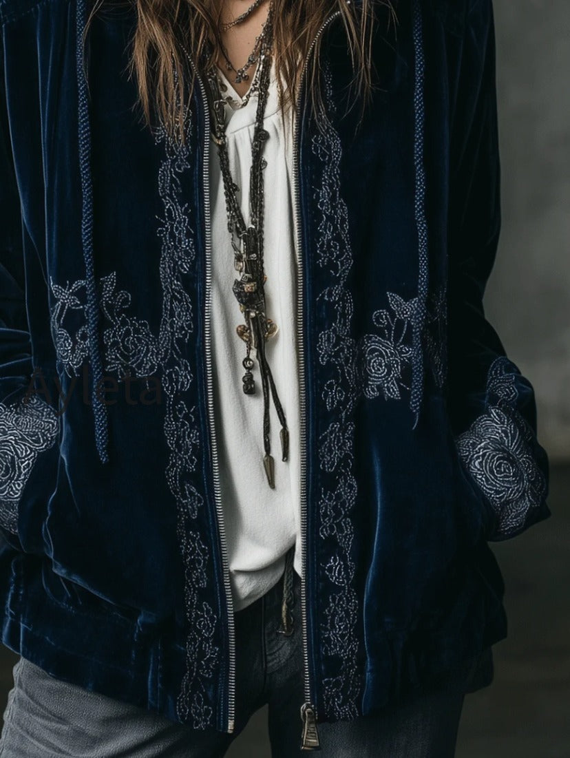 boho-navy-blue-embroidered-velvet-hooded-jacket